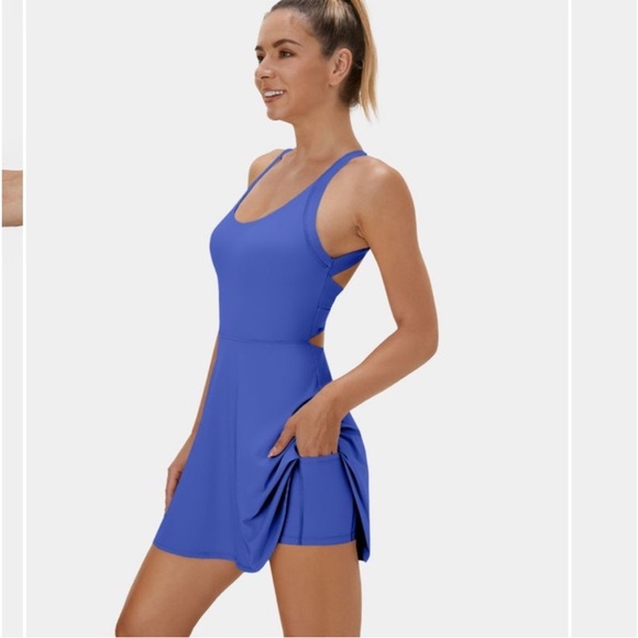 Halara Womens Backless Twisted Active Dress Built In Shorts Blue NWT L tennis - Picture 7 of 7